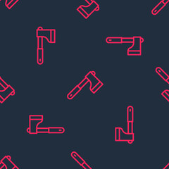 Red line Wooden axe icon isolated seamless pattern on black background. Lumberjack axe. Vector