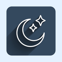 White line Moon and stars icon isolated with long shadow background. Cloudy night sign. Sleep dreams symbol. Full moon. Night or bed time sign. Blue square button. Vector