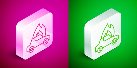 Isometric line Burning car icon isolated on pink and green background. Car on fire. Broken auto covered with fire and smoke. Silver square button. Vector