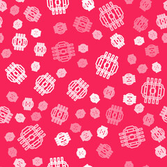 White line Table football game hobby or leisure icon isolated seamless pattern on red background. Sport team football players. Vector