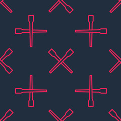 Obraz premium Red line Food chopsticks icon isolated seamless pattern on black background. Wooden Korean sticks for Asian dishes. Oriental utensils. Vector