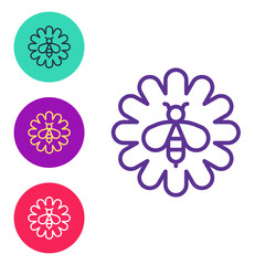 Set line Bee on flower icon isolated on white background. Sweet natural food. Honeybee or apis with wings symbol. Flying insect. Set icons colorful. Vector