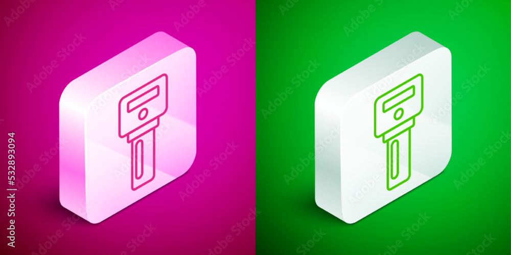 Poster isometric line car key with remote icon isolated on pink and green background. car key and alarm sys