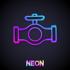 Glowing neon line Oil pipe with valve icon isolated on black background. Vector