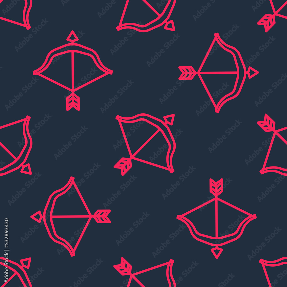 Poster red line medieval bow and arrow icon isolated seamless pattern on black background. medieval weapon.