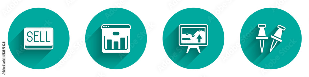 Poster set sell button, browser with stocks market, monitor graph chart and push pin icon with long shadow.