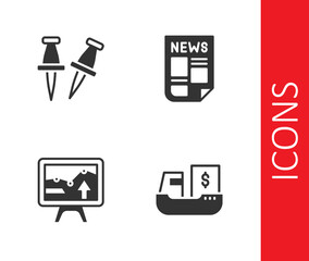 Set Cargo ship with boxes delivery, Push pin, Monitor graph chart and News icon. Vector