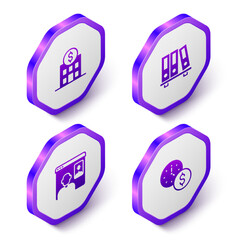 Set Isometric Bank building, Office folders, Video chat conference and Time is money icon. Purple hexagon button. Vector
