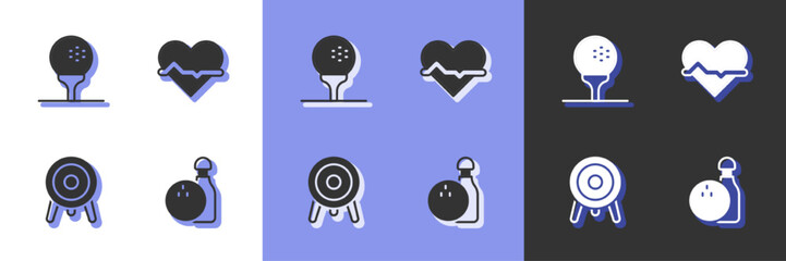 Set Bowling pin and ball, Golf on tee, Target sport and Heart rate icon. Vector