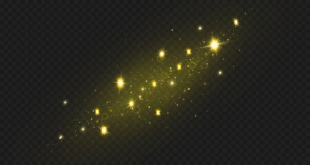 Dust sparks and stars shine with a special light. Christmas light effect. Glittering particles of magic dust.Vector sparkles on a transparent background.