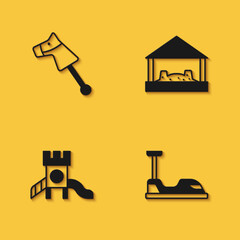 Set Toy horse, Bumper car, Slide playground and Sandbox with sand icon with long shadow. Vector