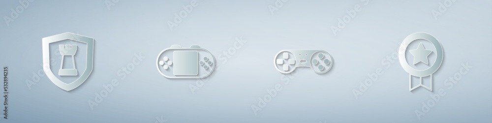 Poster set chess shield, portable video game console, game controller joystick and rating with medal. paper