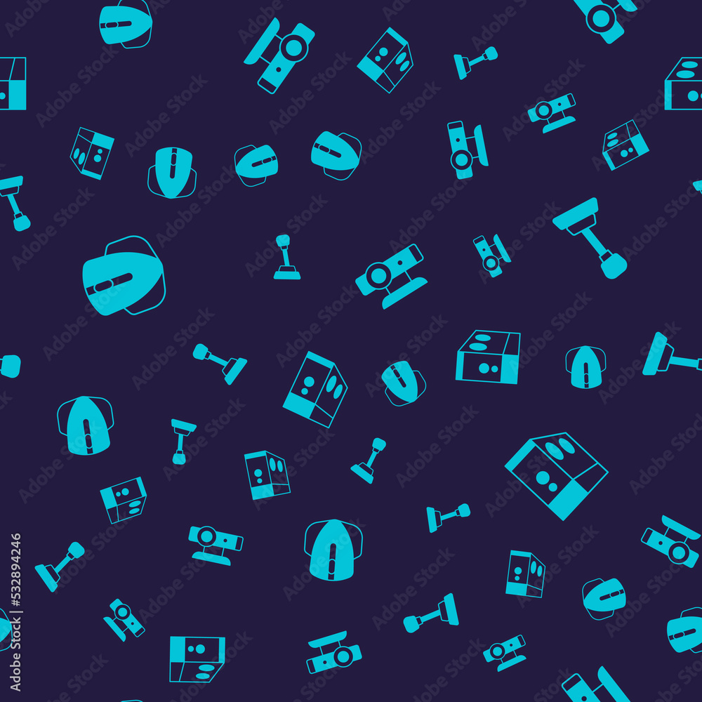 Aufkleber set computer mouse, gear shifter, web camera and case of computer on seamless pattern. vector