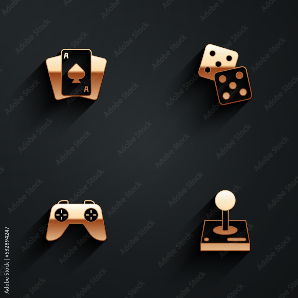Poster set playing cards, game dice, controller or joystick and joystick for arcade machine icon with long 