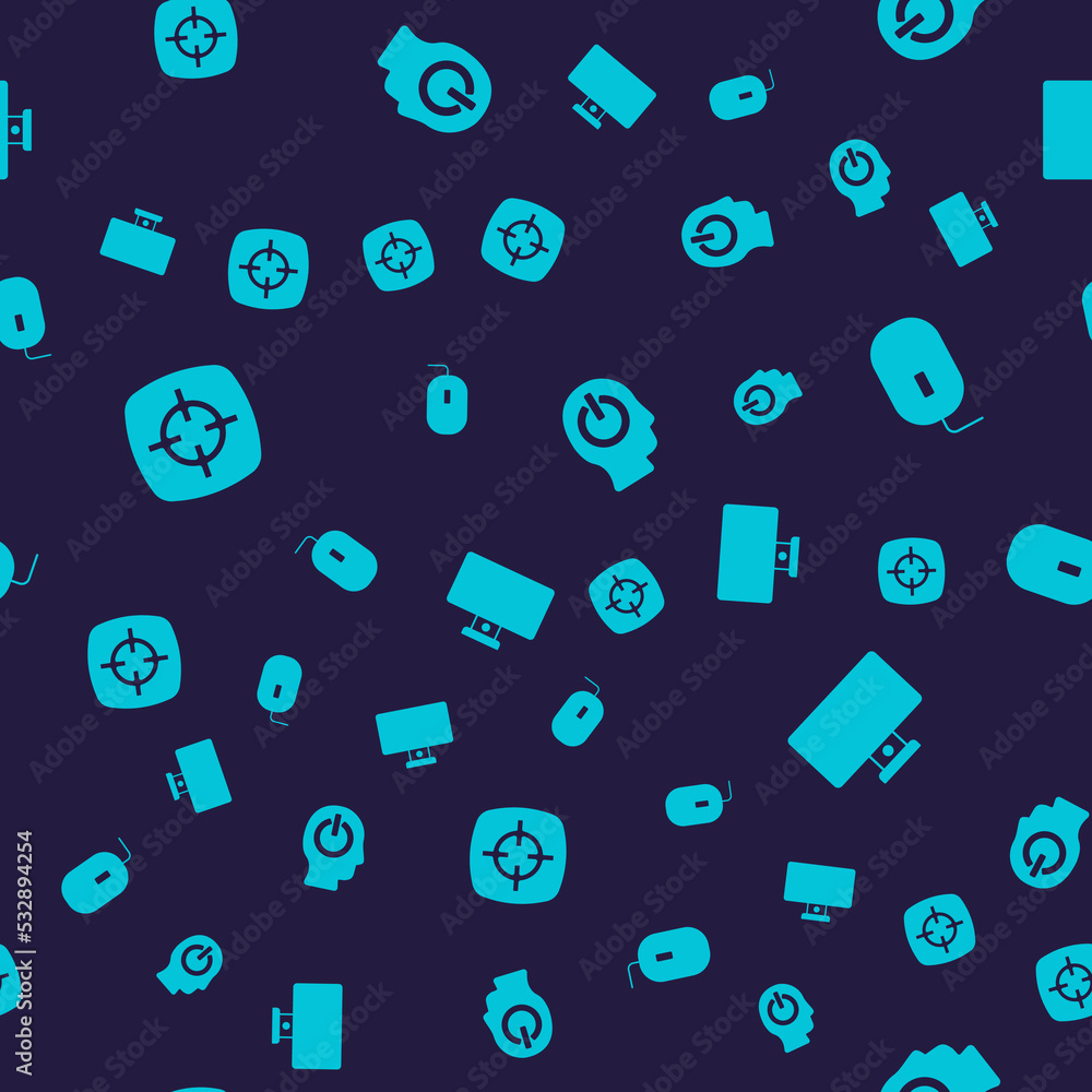 Poster set target sport, computer mouse, power button and monitor on seamless pattern. vector
