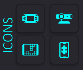 Set Mobile gaming, Portable video game console, Web camera and icon. Black square button. Vector