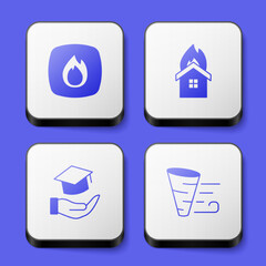 Set Fire flame, in burning house, Education grant and Tornado icon. White square button. Vector
