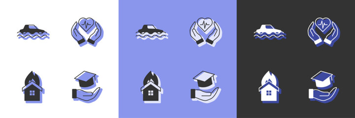Set Education grant, Flood car, Fire in burning house and Life insurance icon. Vector