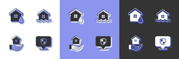 Set Location shield, House flood, in hand and icon. Vector