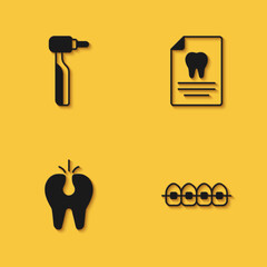 Set Tooth drill, Teeth with braces, Broken tooth and Clipboard dental card icon with long shadow. Vector