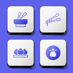 Set Asian noodles in bowl, Food chopsticks with, Dumpling and Wonton icon. White square button. Vector