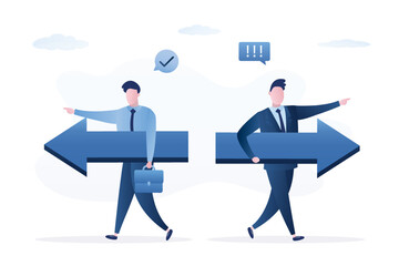 Businessmen holding arrows and walking in opposite positions. Individual way, different business directions or team conflict, opposite decision, contrast or disagreement concept.