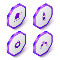 Set Isometric Christmas Santa Claus hat, Champagne bottle, toy and Glass of champagne icon. Purple hexagon button. Vector