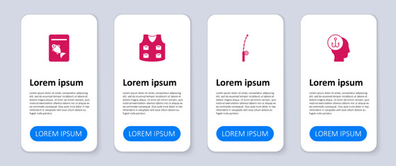 Set Fisherman, Fishing rod, jacket and Served fish on plate. Business infographic template. Vector