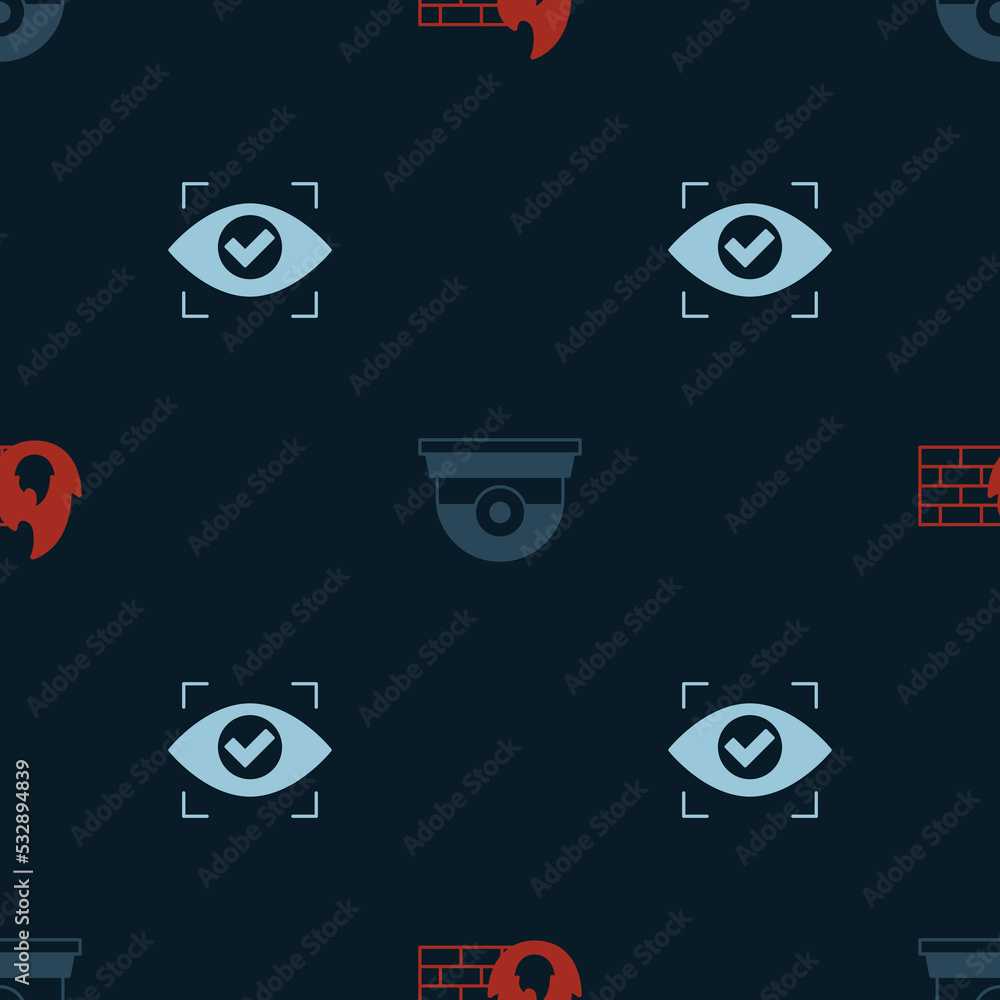 Poster set firewall, security wall, security camera and eye scan on seamless pattern. vector