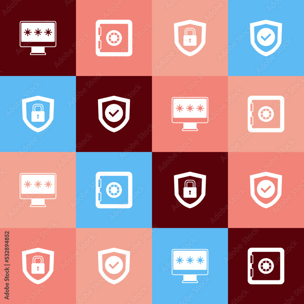 Poster set pop art monitor with password, safe, shield security lock and check mark icon. vector