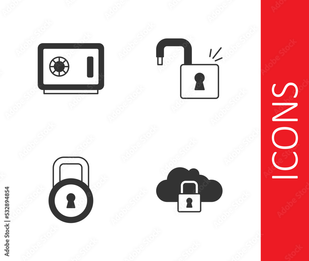 Poster set cloud computing lock, safe, lock and open padlock icon. vector