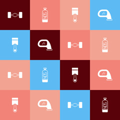 Set pop art Chassis car, Nitrous oxide, Engine piston and Car mirror icon. Vector