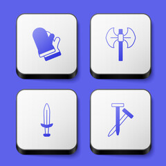 Set Protective gloves, Medieval poleaxe, sword and Metallic nails icon. White square button. Vector