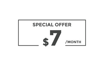 $7 USD Dollar Month sale promotion Banner. Special offer, 7 dollar month price tag, shop now button. Business or shopping promotion marketing concept
