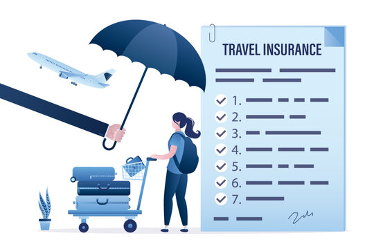 Travel insurance, protection for traveller. Hand holding umbrella as shield and guard to protect traveller who start trip or vacation. Assurance document, woman tourist with luggage.