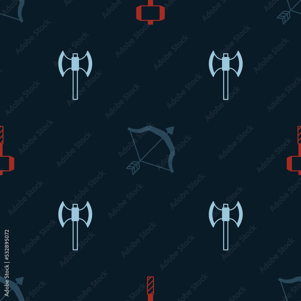 Poster set battle hammer, medieval bow and arrow and poleaxe on seamless pattern. vector