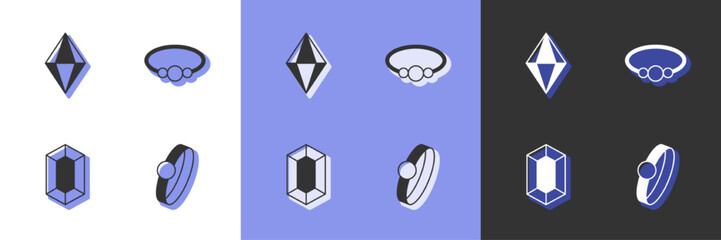 Set Diamond engagement ring, Gem stone, and Bracelet jewelry icon. Vector