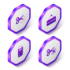 Set Isometric Scissors cuts discount coupon, Hanging sign with text Closed, POS terminal and icon. Purple hexagon button. Vector