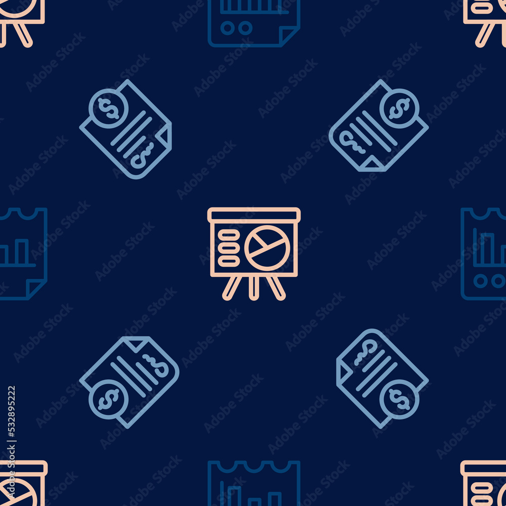 Poster set line document with graph chart, contract money and board on seamless pattern. vector