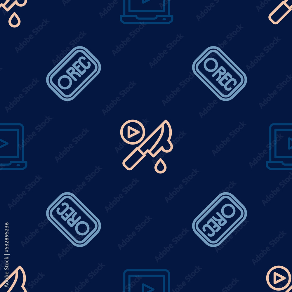 Poster set line online play video, record button and thriller movie on seamless pattern. vector
