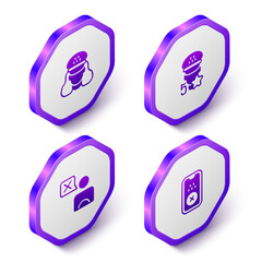 Set Isometric Taxi driver, service rating, and mobile app icon. Purple hexagon button. Vector