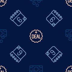 Set line Stacks paper money cash, Calendar and Deal on seamless pattern. Vector