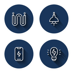 Set line Electric cable, Lamp hanging, Mobile phone and Creative lamp light idea with long shadow. Blue circle button. Vector