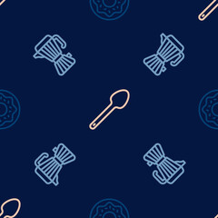 Set line Donut, Coffee maker moca pot and Teaspoon on seamless pattern. Vector