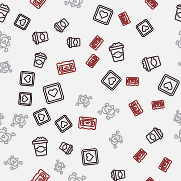 Set line Like heart, Popcorn in cardboard box, Romantic movie and VHS video cassette tape on seamless pattern. Vector