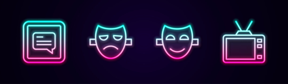 Set line Video with subtitles, Drama theatrical mask, Comedy and Retro tv. Glowing neon icon. Vector
