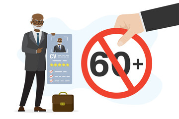 Elderly african american candidate holds resume. Unhappy old man holds curriculum vitae. Age discrimination, ageism, racism. Businessman hand holds restriction circle - 60 plus.