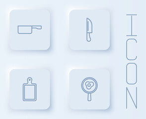 Set line Frying pan, Knife, Cutting board and Fried eggs on frying. White square button. Vector