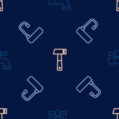 Set line Water tap, Washbasin and Hammer on seamless pattern. Vector