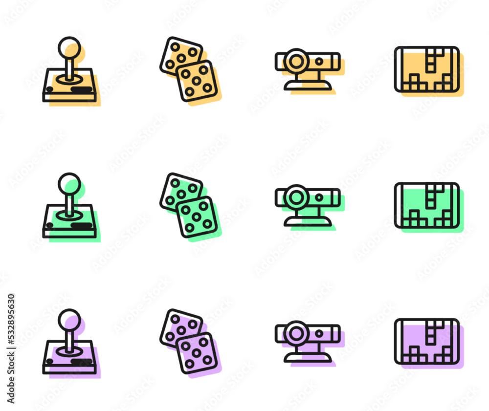Poster set line web camera, joystick for arcade machine, game dice and portable video game console icon. ve